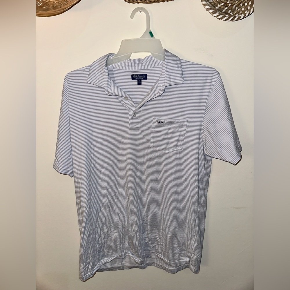 White Fish Hippie Large Polo with Light Blue Horizontal Stripes